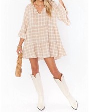 SMYM Viola Gingham Check Mini Dress in Cream Plaid EUC Size XS