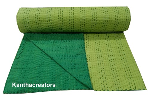 Solid Green Color Throw Handmade Kantha Quilt Reversible Blanket Indian Bedcover - Picture 1 of 8