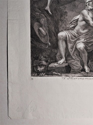 Stampa Antica San Girolamo con gli angeli 1700 c.a Incisione su rame cm. 32 x 26 - Imagen 7 de 9
