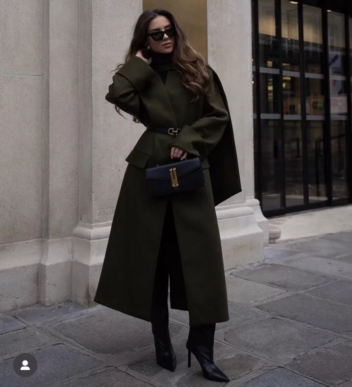 BNWT ZARA Khaki Green Manteco Wool Minimalist Scarf Coat Size M- L