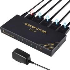 4K 60Hz HDMI Splitter 1 in 4 Out with AC/DC Power Adapter, 4K HDMI Mirror Mon...