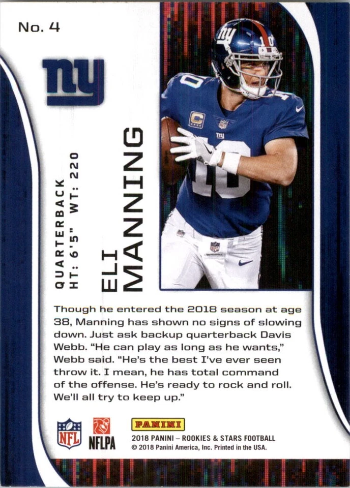 2018 Rookies and Stars Purple #4 Eli Manning - FB - Image 2 of 2