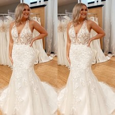 Mermaid Wedding Dresses Deep V Neck Lace Appliques Sweep Train Beach Bridal Gown