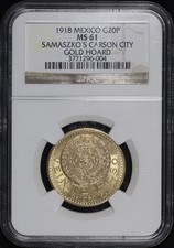 1918 Mexico Gold 20 Pesos NGC MS-61 Samaszko's Carson City Gold Hoard Label