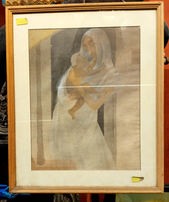 Aquarell Auf Papier Unsigniertes Kunstgemälde Motiv Mutter Und Kind Gut Gerahmt