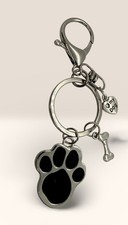Dog Lover Purse Charm Keychain Black Paw Print Bone I Love My Dog Silver Tone