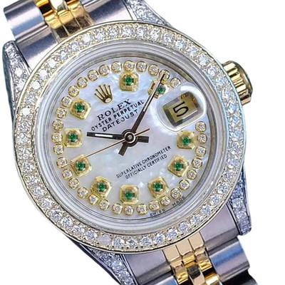 Rolex Datejust 69173 Two-Tone 18KY SS White MOP Diamond Emerald Jubilee Watch