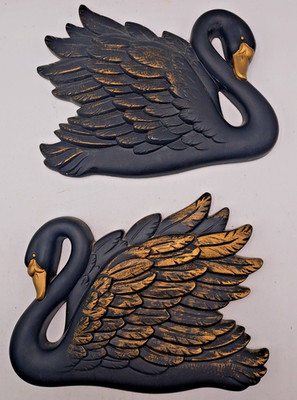 Miller Studio Chalkware Black Swans 10''x1''x8'' Wall Plaque Set MCM Vtg 1968 RARE