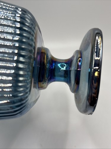 Indiana Blue Iridescent Lace Edge Carnival Glass Pedestal Candy Dish - 1960s - Picture 13 of 15