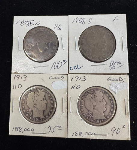 Lot of 4 Barber Half Dollar Coins, 1898-O, 1908-S,(2) 1913-P  90% Silver No Res.
