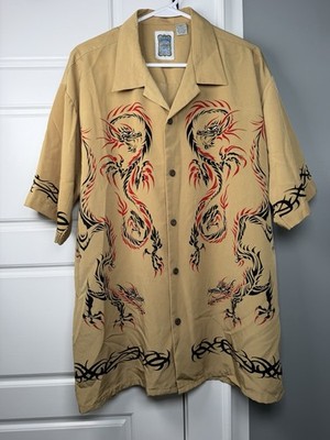 Ocean Current Shirt Mens L Brown/Red Dragon Print Tribal Y2K Skater Tattoo Camp