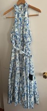 NWT Lulus Light Blue Floral Midi Dress L High Neck with Pockets
