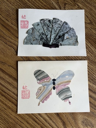 Vintage Korean Paper Art Collage Handmade Cards Butterfly and Fan Artist Stamp