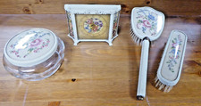 Vintage Petit Point Needlepoint Dressing Table Set Working Clock Brush Pot 1950s