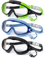 3 Pack Swimming Goggles, Kid Goggles with Earplugs Large Frame Anti-Fog/UV Wi...