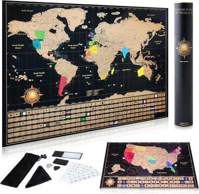 Scratch off World Map Poster and Detailed United States Map - Deluxe Travel Trac
