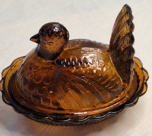 Turkey On Nest Flashed On Dark And Light(2897Tote12) Colored Amber, Glass 2 PC. - Picture 6 of 15