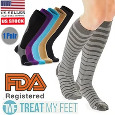 Compression Socks Knee High Stockings Striped Pair Calf Sleeve Leg Support Brace