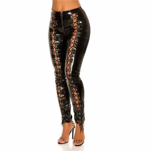 SEXY LACE UP LACCI SHINY VINILE PVC VINYL PATENT PANTALONI LUCIDO NERO M |  eBay