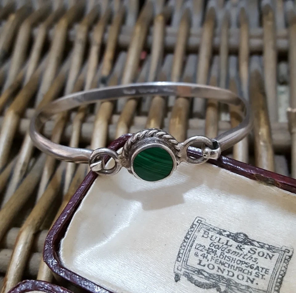 Pulsera Vintage Plata de Ley 925, Brazalete Malaquita Verde, 7.2", México  Foto 3 de 4