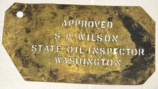 OLD BRASS WASHINGTON STATE OIL INSPECTOR STENCIL GAS STATION SIGN S.P. WILSON
