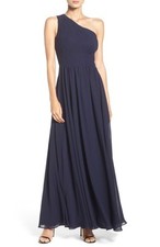 Eliza J Shirred Chiffon One-Shoulder Navy Gown.SZ:16 