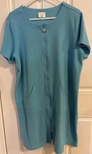 VTG Beautiful Sears fundamental Zip House Robe Blue Pockets Short Sleeve Size L
