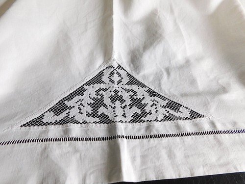 SCHWERES ANTIK LEINEN LAKEN ODER GARDINE 246X180cm WEISS MIT SPITZENEINSATZ - Bild 5 von 5