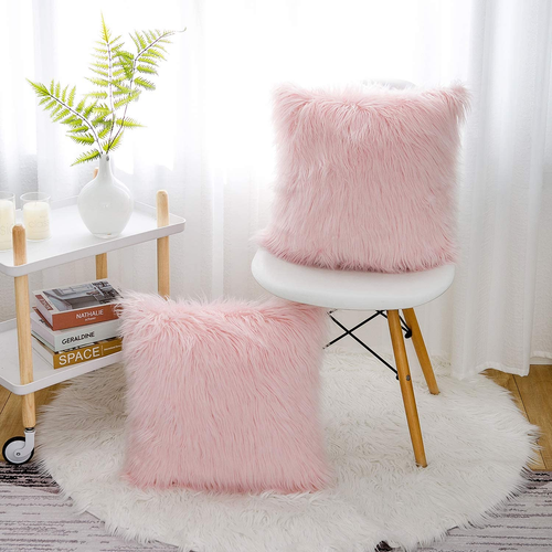 Set of 2 Pink Fluffy Pillow Covers New Luxury Series Merino Style Plush Faux Fur - Picture 4 of 12