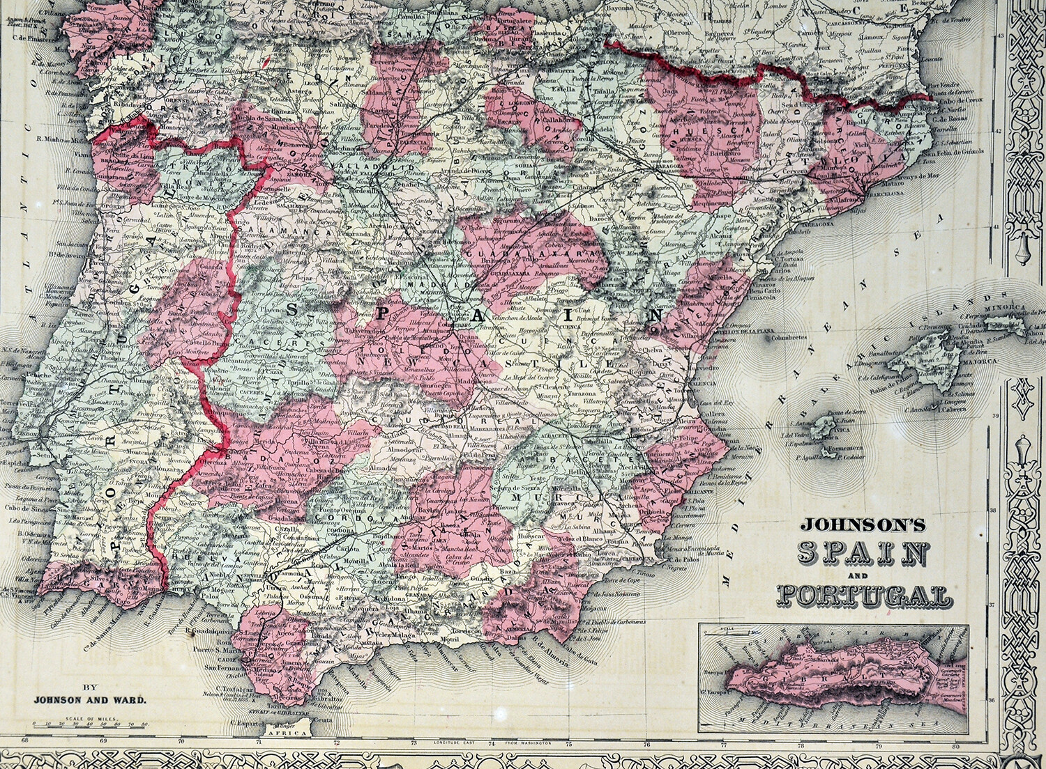 1864 Johnson Map Spain Portugal Gibraltar Lisbon Madrid Majorica Leon
