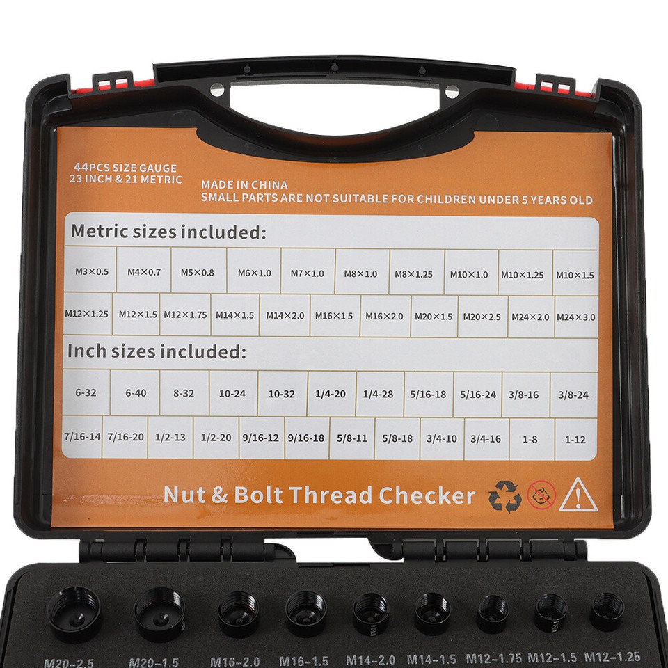 Nut And Bolt Thread Checker Gauge Set - 44-Piece Inch & Metric Size Identifier Kit In Storage Box
