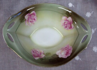 Vtg R&S TILLOWITZ Silesia PINK ROSE Hand Painted Four Footed Bowl