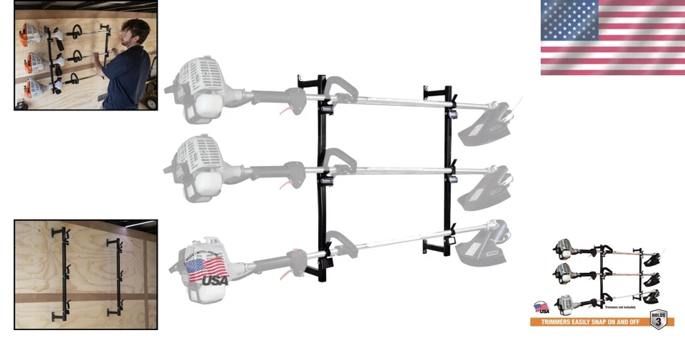 Almacenamiento de herramientas para exteriores: estante ligero de 3 recortadoras con ganchos de protección contra arañazos Foto 2 de 4