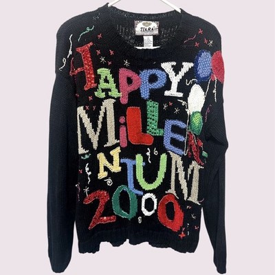 Vintage 90s Y2k Happy Millenium New Years Party Sweater Maximalist Size S Tiara