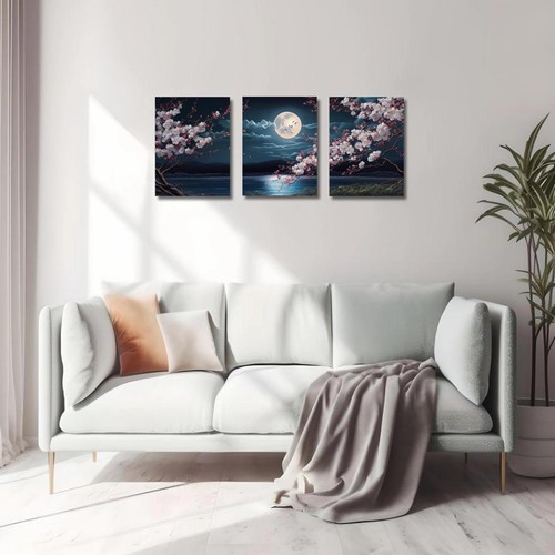 YokiMino Cherry Blossom Moon Lake Landscape Framed Canvas Wall Art Set of 3 Ja - Picture 8 of 9
