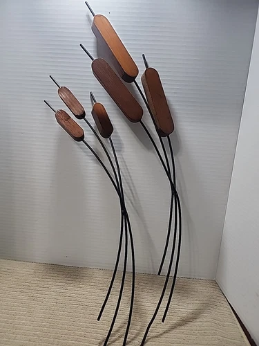 Vintage HOME INTERIORS Homco Cat Tails Wall Art Reeds Set of 2 Wood and Metal