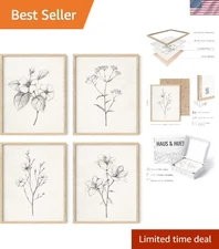 Elegantly Framed Grey Floral Wall Art - Botanical Set of 4 for Home Aesthetics
