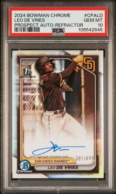RARE SP /499 PSA 10 2024 1ST BOWMAN CHROME LEO DE VRIES REFRACTOR AUTO GEM MINT