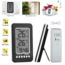Wireless LCD Digital Thermometer Clock Indoor/Outdoor ℃/℉ Temperature Meter 