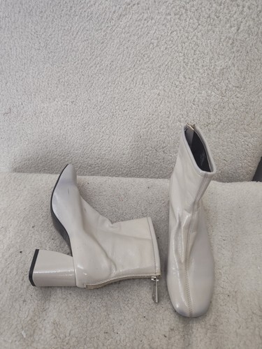 Zara Women Boots 7.5 Off White Patent Leather Pull On Zipped Block Heel Shoes - Picture 10 of 22