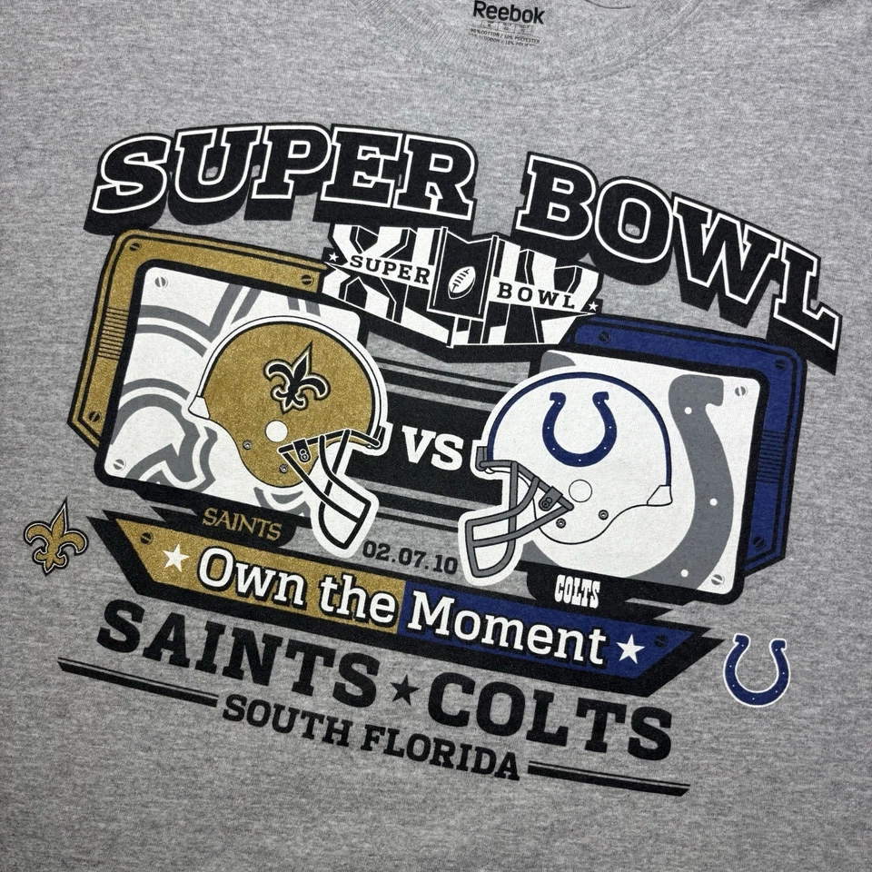 Vintage Reebok Saints Vs Colts Super Bowl XLIV T Shirt Men’s XL Grey NFL 2010 - Image 3 of 4