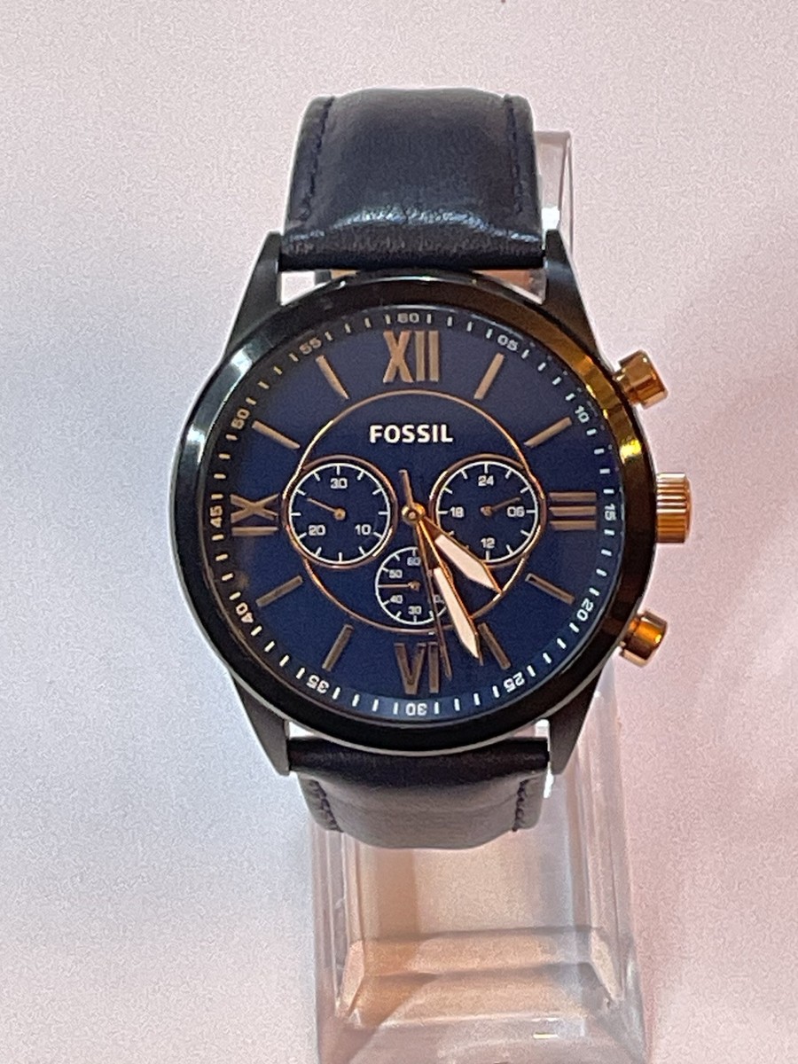 Fossil Men's Flynn Chrono Watch with a black leather Band Blue