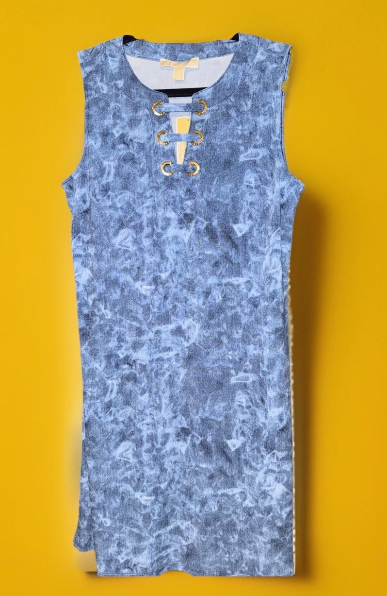 Abito donna Michael Kors senza maniche tinto in cravatta stringato blu nuovo con etichette taglia M ret. $101 50