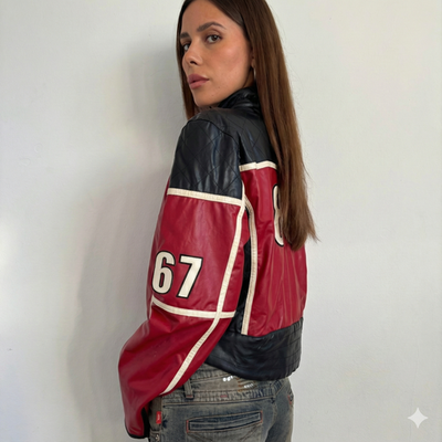 Womens 67 Real Leather Racing Jacket Red Black Moto Biker Quilted