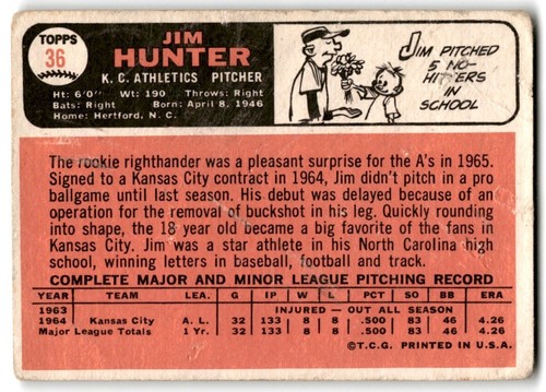 Jim Hunter 1966 Topps Baseball Card #36 Kansas City Athletics - LOW GRADE - Picture 2 of 2
