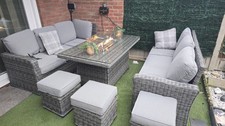 Fimous Rattan Garden Furniture Corner Sofa Gas Fire Pit Burner Dining Table Sets