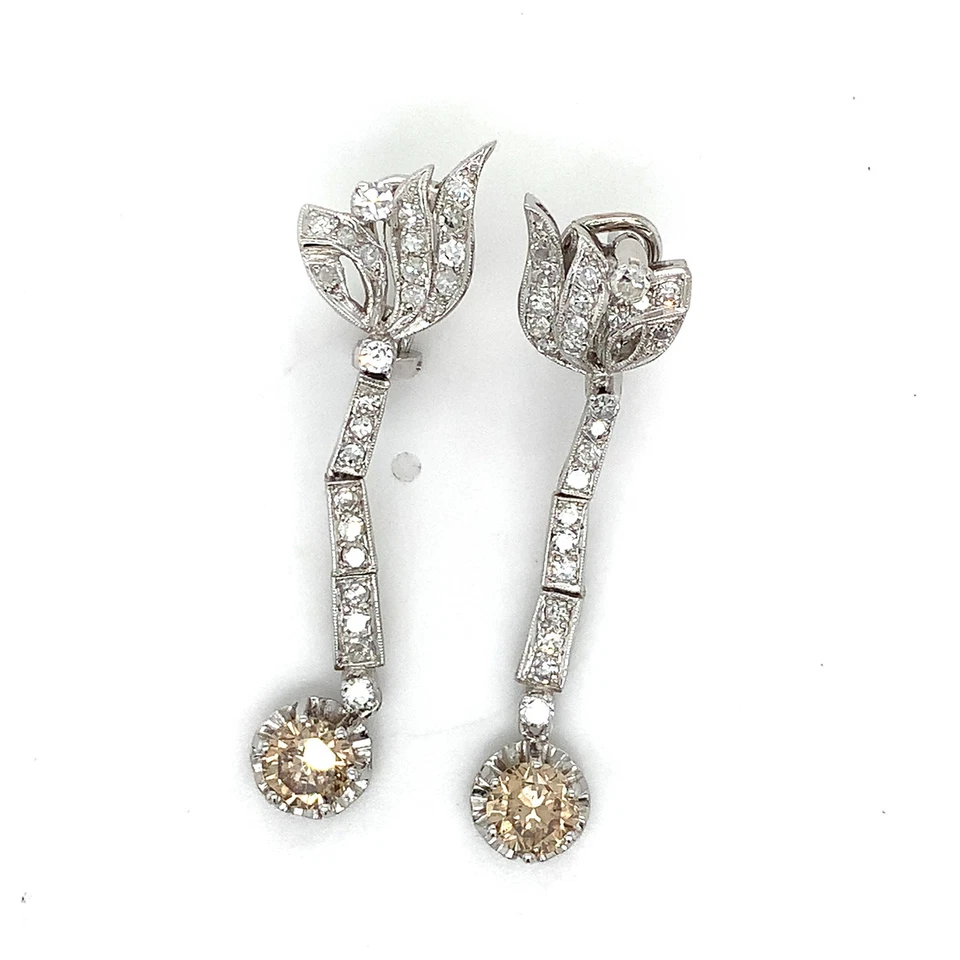 18K 白金 2 克拉欧洲切割棕色钻石带 1 克拉单切吊坠耳环 — 第 2/4 张图片