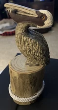 Art Pelican Figurine Resin /Driftwood Piling Nautical Carved Signed Beach House