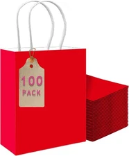 qiqee 100PCS Gift Bag with Handles Bulk Red Paper 1 Count (Pack of 100), 