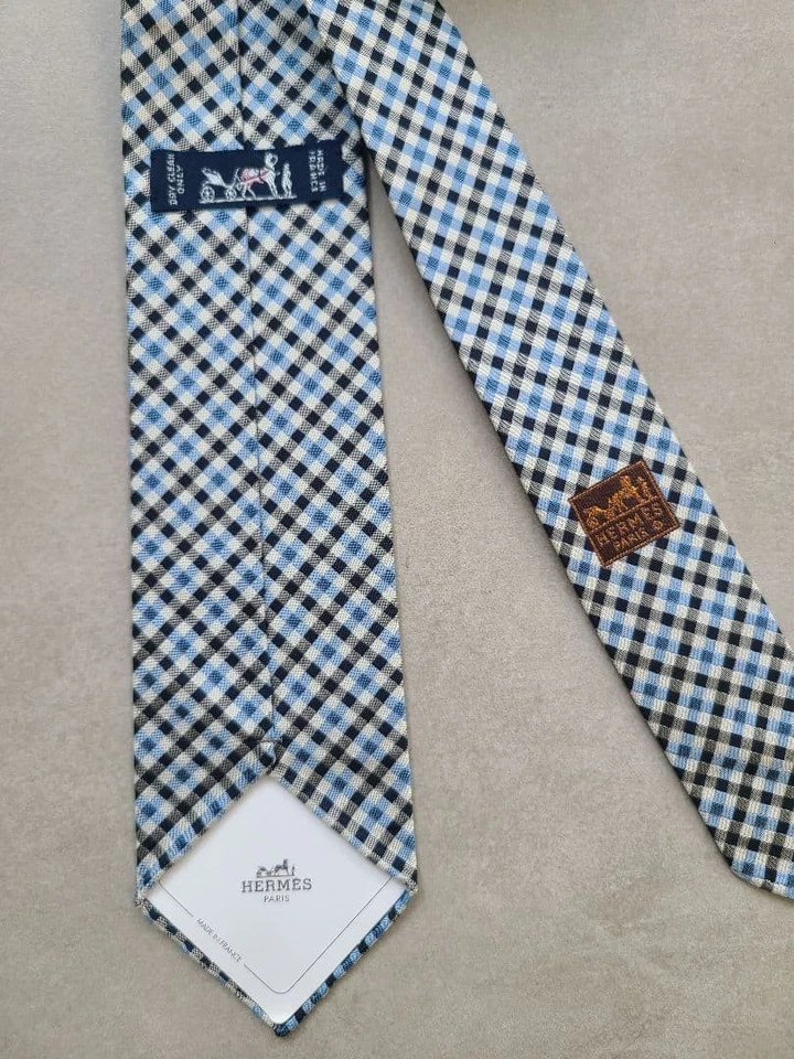 HERMES New Unused Neck Tie Blue Black Check 100%Silk Made in France - Image 2 of 4